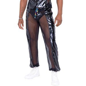 Rainbow Studded Vinyl and Fishnet Joggers with LOVE Drawstring - Black